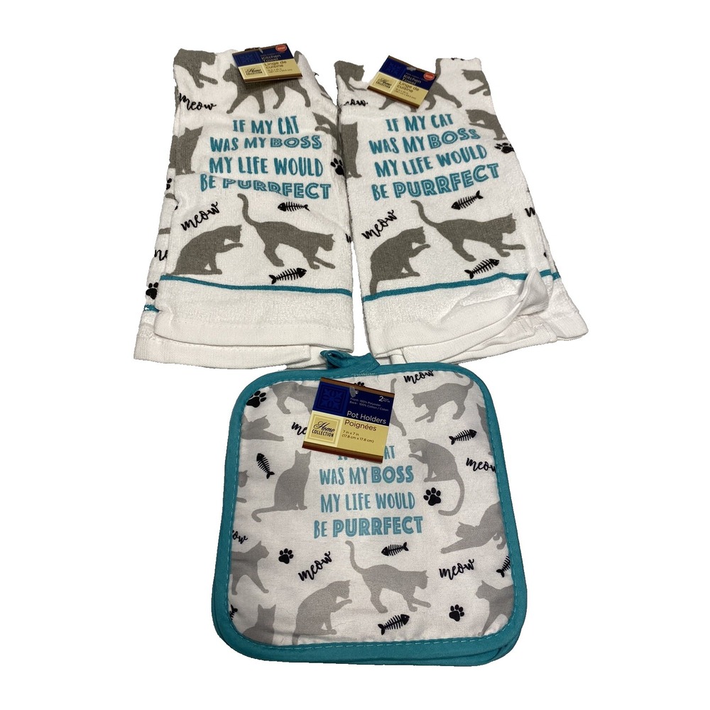 home collection 2 kitchen towels 15X26 in 2 pot holders 7x7 in